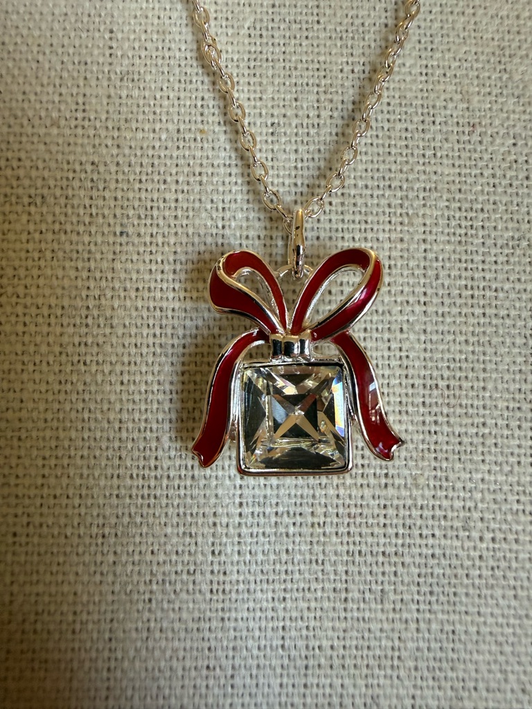 Red Bow Pendant Necklace With Clear Crystal Accent